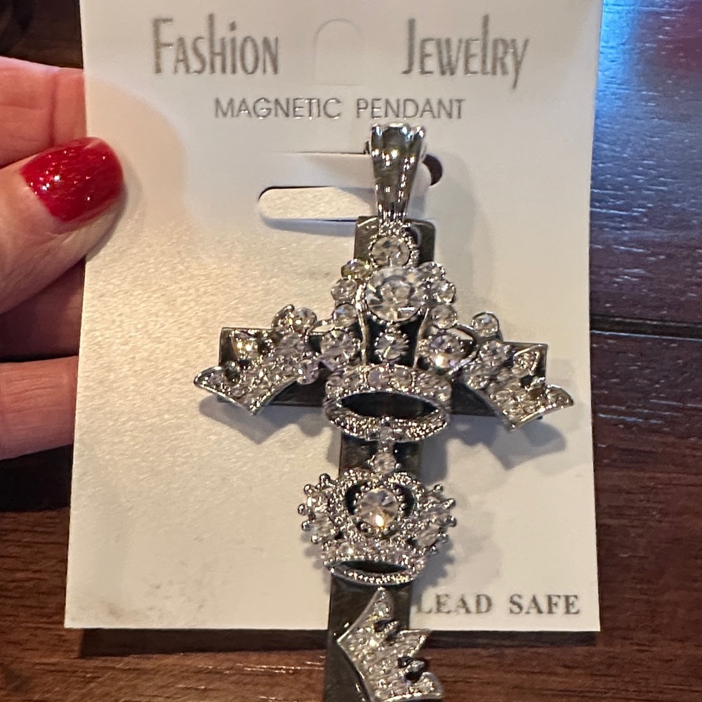 Silver Cross Magnetic Pendant with Gems
